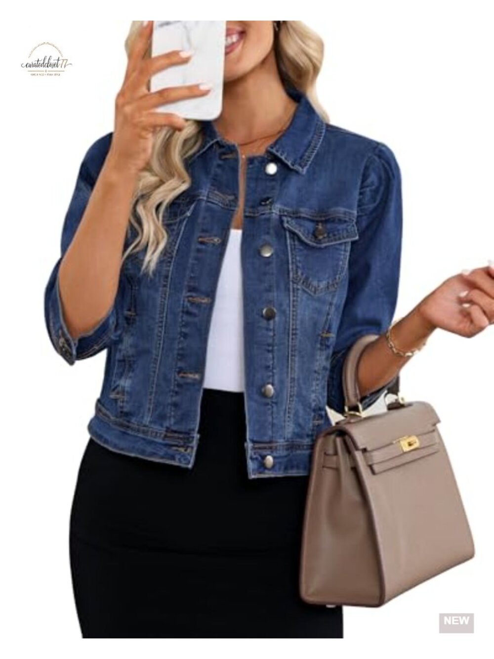 Cropped Denim Jacket Women Stretchy 3/4 Puff Sleeve Distressed Shacket with